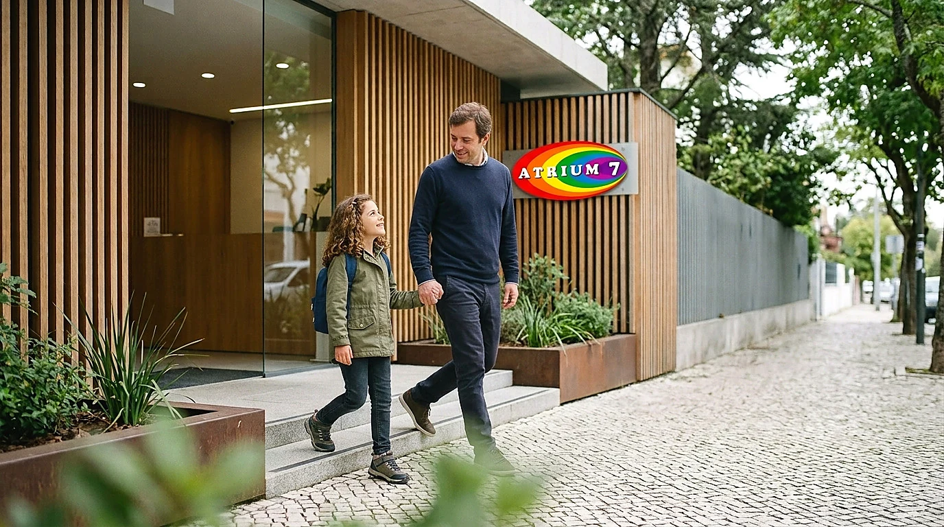 Criança a chegar ao Atrium7 acompanhada por um adulto